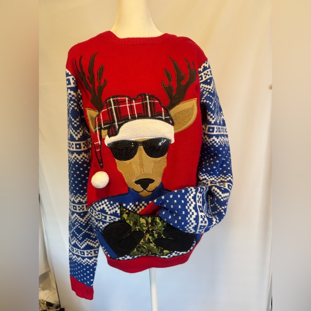 UGLY CHRISTMAS SWEATER Large red crew with reindeer sequin sunglasses & pocket